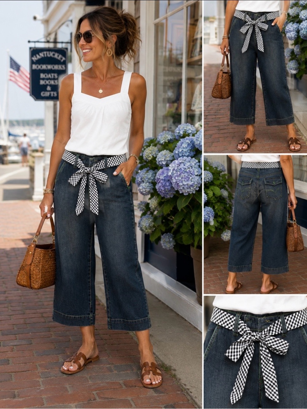 🌴 Lilly Pulitzer Gingham Bow Tie Waist Cropped Wide-Leg Jeans Size 2